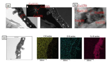 Cu-흑연 메탈하이브리드 단일분말의 TEM 분석 (a) BF image, DF image 및 Diffraction pattern, (b) HR-TEM image (c) Mapping분석