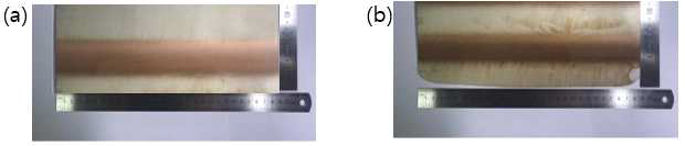 Plasma spray를 이용하여 제조된 클래딩 소재; (a) as fabricated by condition 1 (sample 1), (b) as fabricated by condition 2 (sample 2)