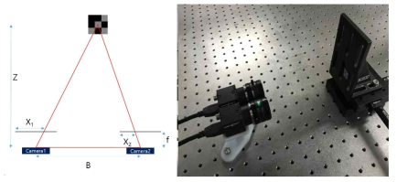 (좌) 스테레오 비전 다이어그램, (우) 실제 실험 환경