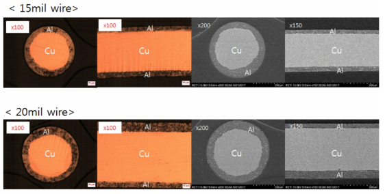 Φ15mil, 20mil Cu cored Al round wire의 단면 SEM 분석 사진