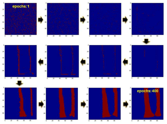 Deconvolution-Net에서 epochs에 따른 뼈 추출 과정. 중간정도부터 뼈의 가장자리를 찾아내기 시작하고, 400번 epochs이 반복되었을 때 온전한 뼈의 형태를 갖추는 것을 확인 할 수 있음