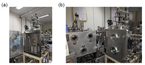 (a) 완성된 페로브스카이트 증착 챔버, (b) 유기, 메탈 증착 챔버와의 연결