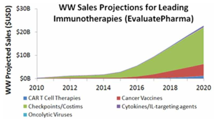 전 세계 암 면역치료제 시장 규모 (EvaluatePharma)