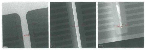 (수식) 수요기업에서 제공받은 3D NAND flash 패턴에 증착한 SiO2 막의 TEM 사진, KOLAS 인증기관 분석 자료, 나노종합기술원