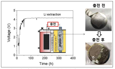리튬 추출 셀 충전 그래프와 충전 전, 후 Li 금속의 형성 확인