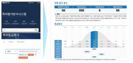 SMART3 특허평가시스템 등급평가 방법 및 평가요소별 결과 예시