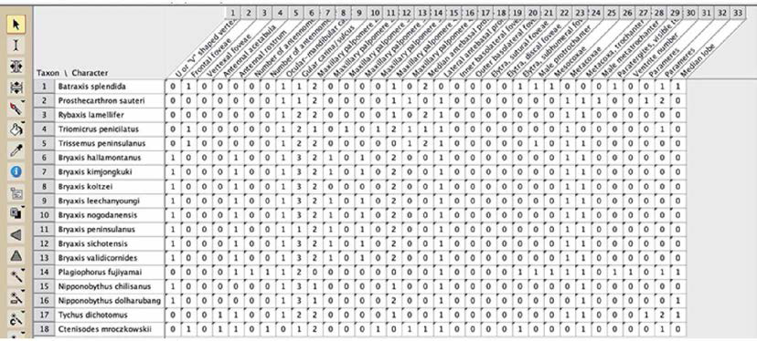 제주개미사돈상족의 character matrix