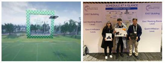 2019 NeurIPS에서 진행된 Game of Drone 경진대회의 가상 코스(왼쪽) 및 시상식 참석 (오른쪽)