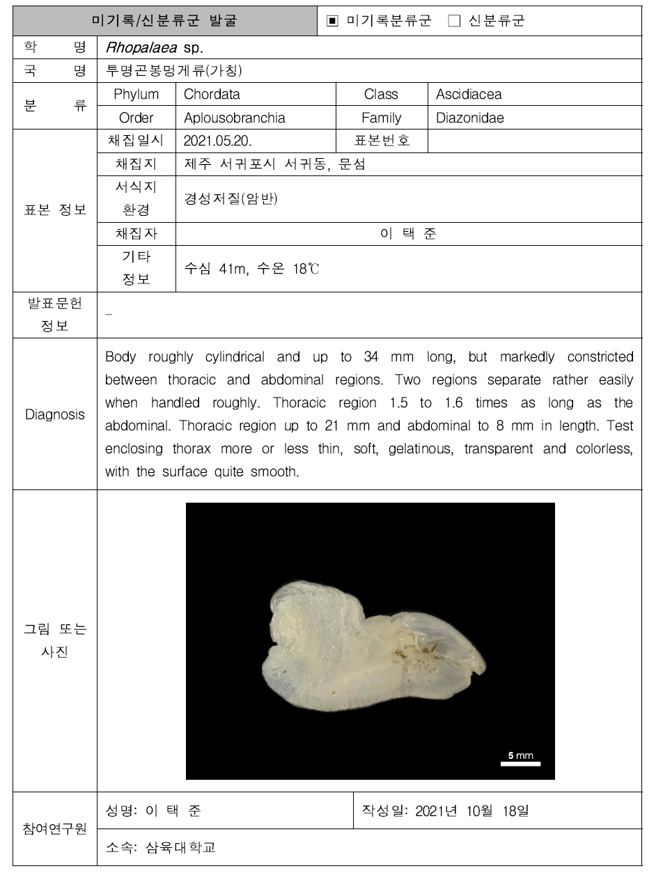 (계속). 미탐사 서식지(조하대 암반지대)를 통해 발굴된 자생동물 발굴표