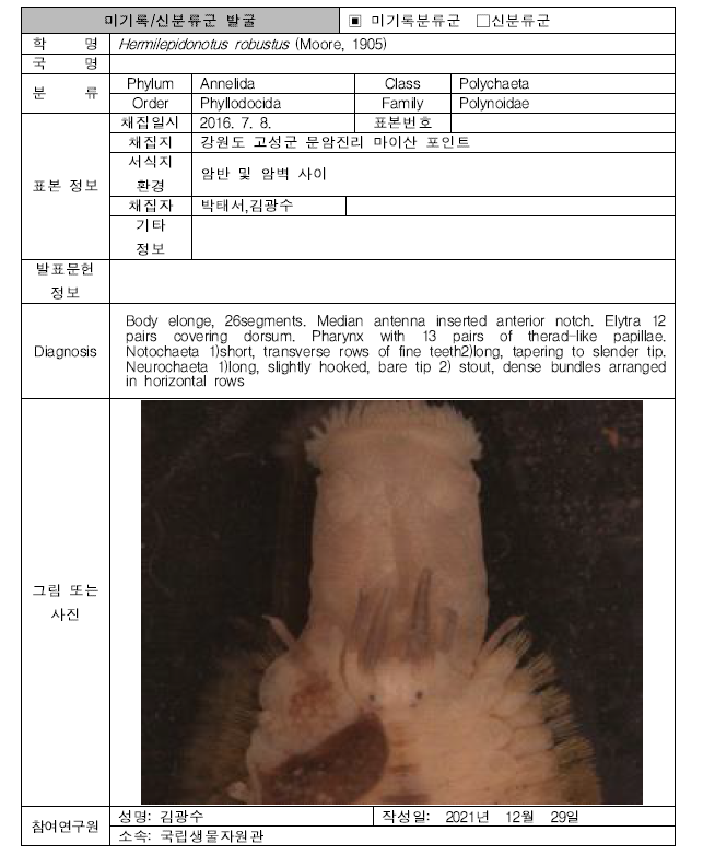 (계속). 미탐사 서식지(조하대 암반지대)를 통해 발굴된 자생동물 발굴표