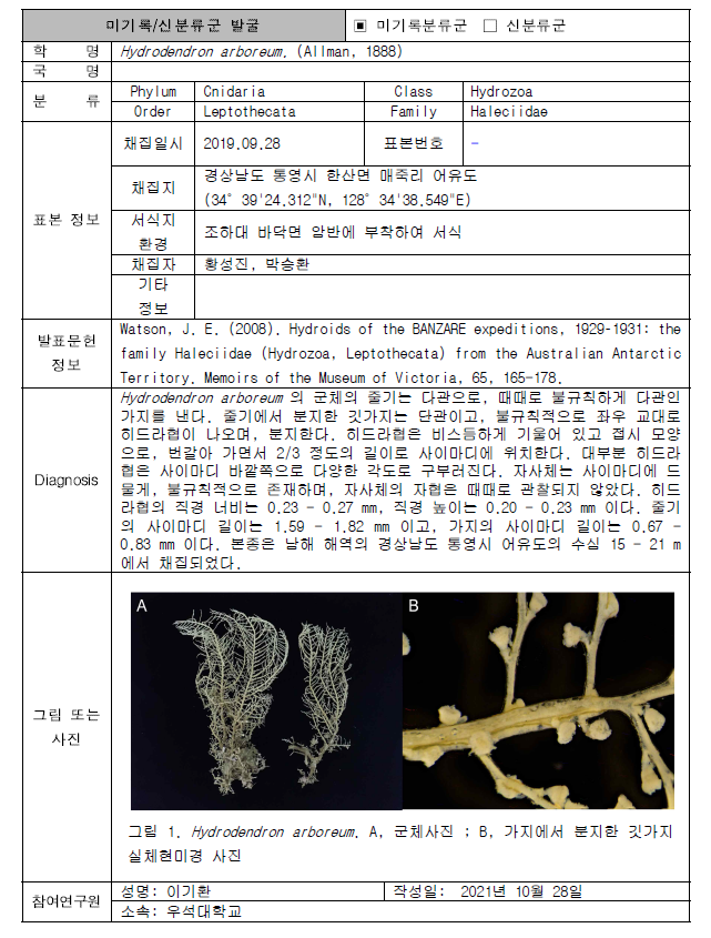 (계속). 미탐사 서식지(조하대 암반지대)를 통해 발굴된 자생동물 발굴표