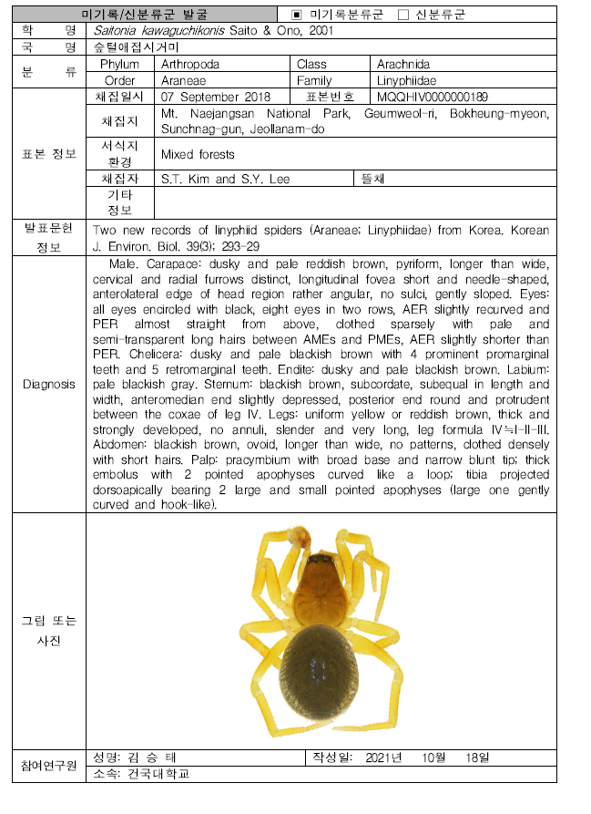 미탐사 서식지(지중구간)를 통해 발굴된 자생동물 발굴표