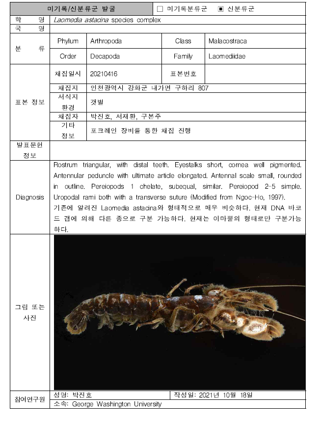 (계속). 미탐사 서식지(기타 서식지)를 통해 발굴된 자생동물 발굴표