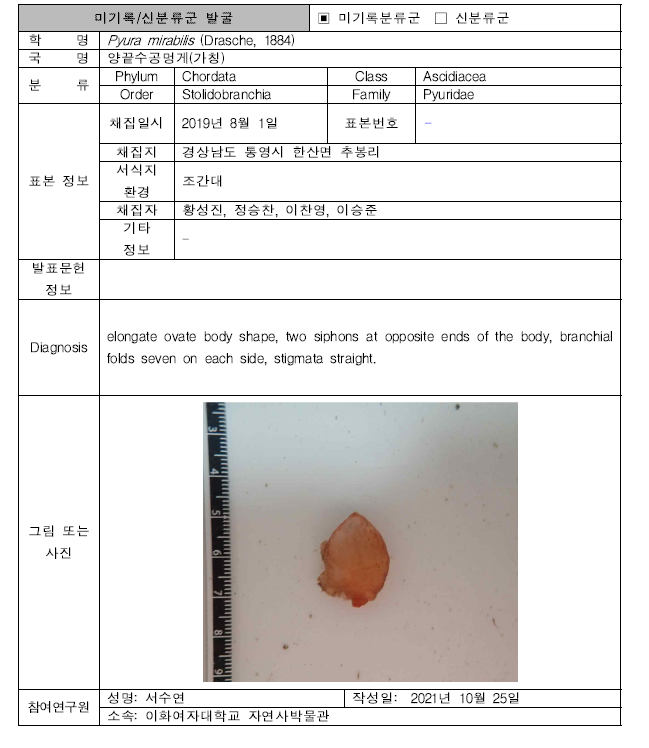 (계속). 미탐사 서식지(기타 서식지)를 통해 발굴된 자생동물 발굴표