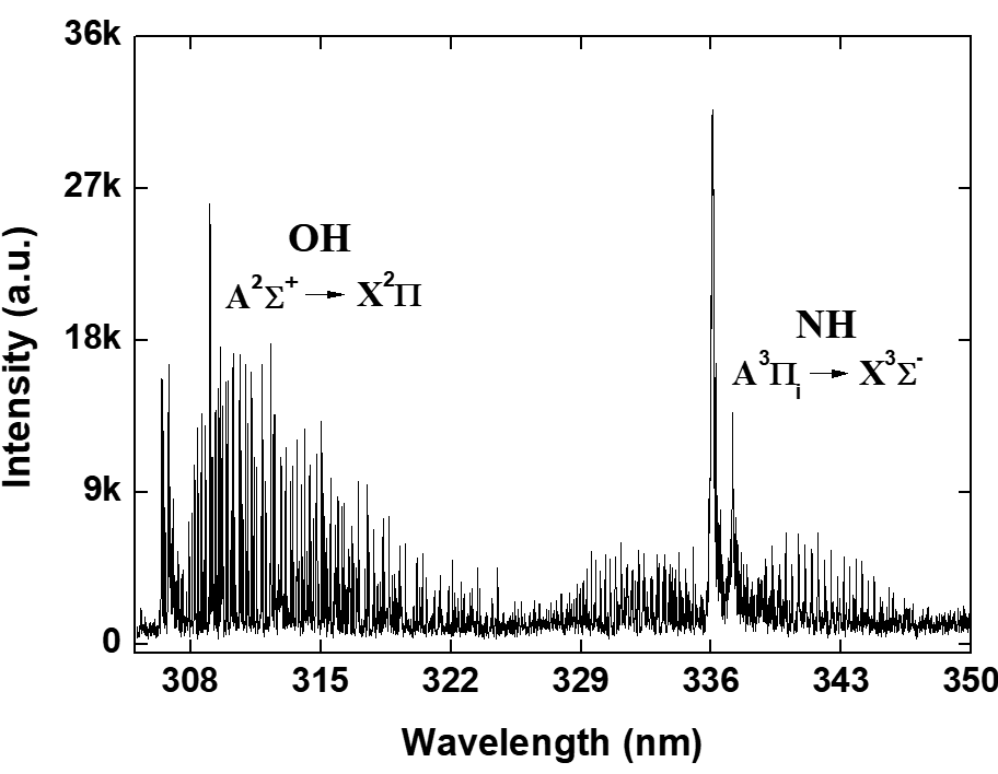 물(H2O) 시료에서 측정된 분자 (OH 및 NH) 방출 스펙트럼