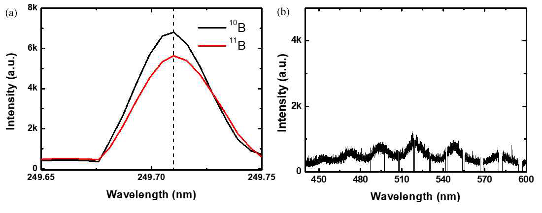 (a) 붕소 원자방출선(249.7nm) 및 (b) BO2 분자방출선 스펙트럼
