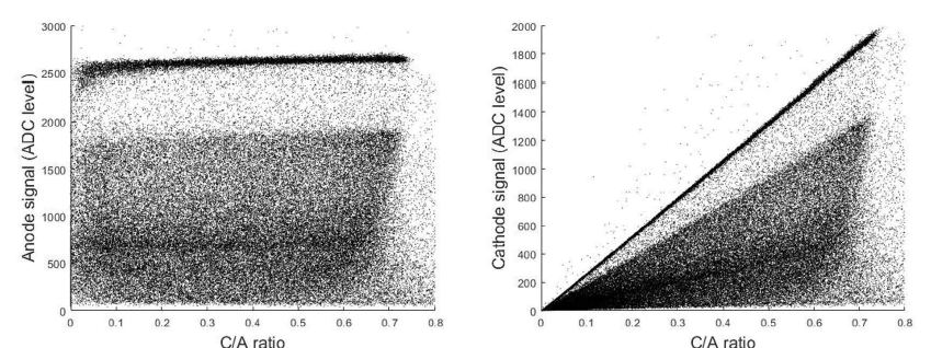 137Cs 측정 시 #168656 sample의 C/A ratio에 따른 출력 신호의 분포. (a) 양극 (b) 음극