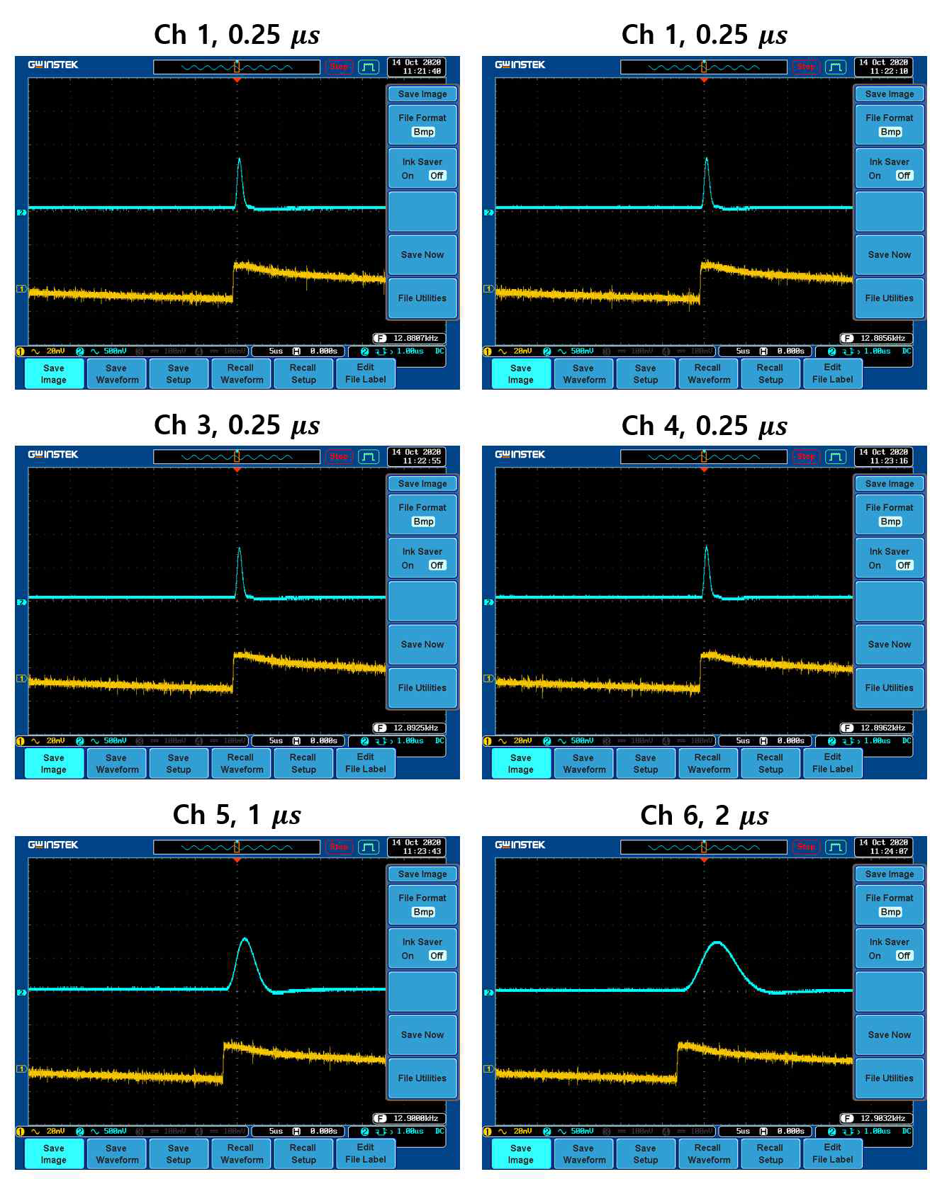 40 mV step pulse(노란색)에 대한 6채널 증폭기의 출력 신호(파란색)