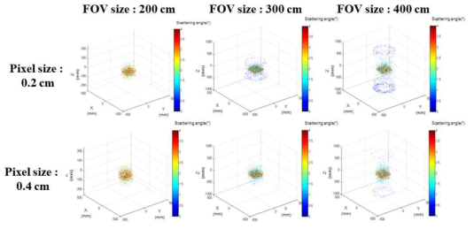 FOV 크기와 검출기의 pixel size 변화에 따른 재구성된 영상 (검출기 간 거리 20 cm)