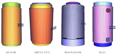 HI-STAR 100, AREVA-TN32, MAGNASTOR, KN-21의 MCNP 전산모사 구조도
