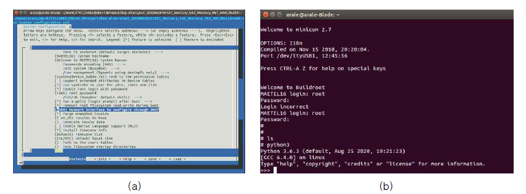 SoC FPGA 기반의 리눅스 OS에서 활용한 프로그램 DHCP 기능 추가 예시(a) 및 Python 구동(b)