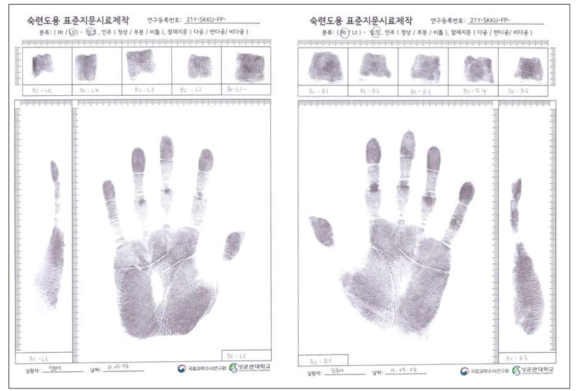 잉크를 이용하여 채취한 대조지문