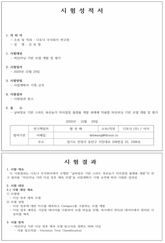 이상 징후 예측모델의 자체 평가 시험 성적서