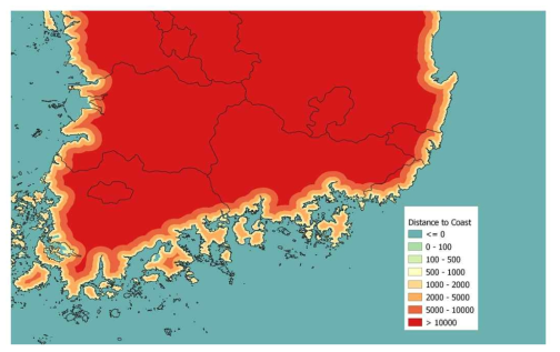 부산지역의 해안까지의 최소거리