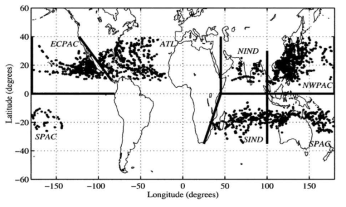1998년 1월 ~ 2000년 12월의 TMI에서 관측된 열대성 저기압. 각 점은 1개의 TRMM 관측을 나타냄 (Lonfat et al, 2004)
