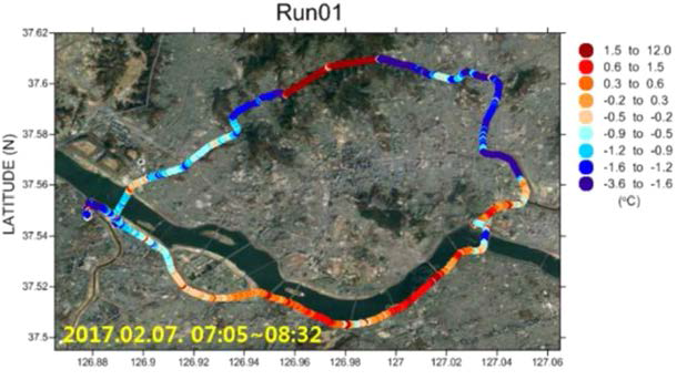 이동형 노면관측차량을 이용하여 관측한 서울 주요 도로의 노면온도편차(박문수, 2019)