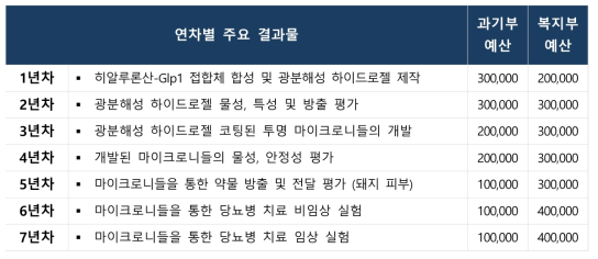 광기반 당뇨 혈당조절 약물전달 시스템 개발 연차별 예산 (단위 : 천원)