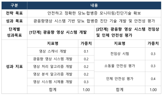 당뇨병 광음향 영상 시스템 개발 및 안전성 평가 성과목표 및 지표