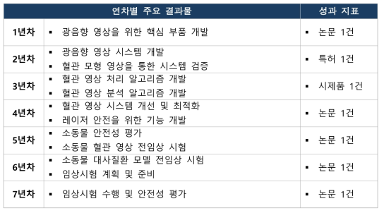 당뇨병 광음향 영상 시스템 개발 및 안전성 평가 연차별 성과지표