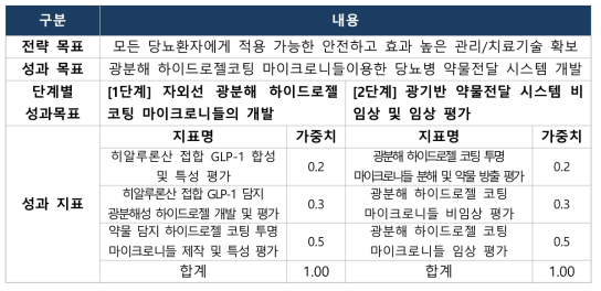 광기반 당뇨 혈당조절 약물전달 시스템 개발 성과목표 및 지표