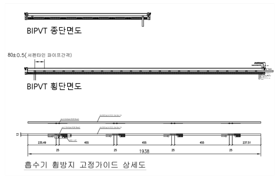 1차 지붕설치형 BIPVT 종/횡단면도 및 휨방지 고정가이드 상세도