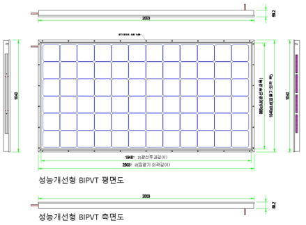 성능개선형 2차 지붕설치형 BIPVT 평면도 및 측면도