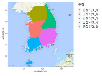 지도상 군집별 관측 지점 분포