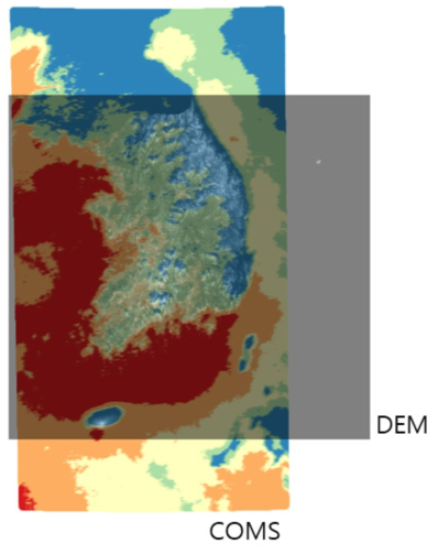 기존 위성영상 자원지도와 국토지리원 지형자료의 영역