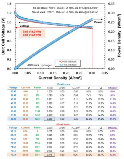 kW급 (50-cell, 80-cell) stack 전압-전류 성능 및 세부 결과