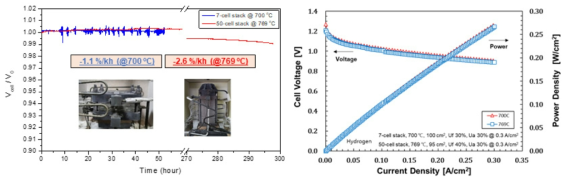 7-cell Short stack과 50-cell stack의 내구성 평가