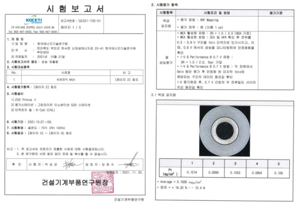 전기분무 전극 기반 MEA의 총괄 백금 담지량 XRF 일반시험평가 결과