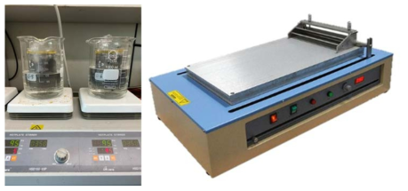 가열 교반중인 casting solution(좌)과 tape casting 공정에 사용한 MTI 사의 tape casting coater(우)