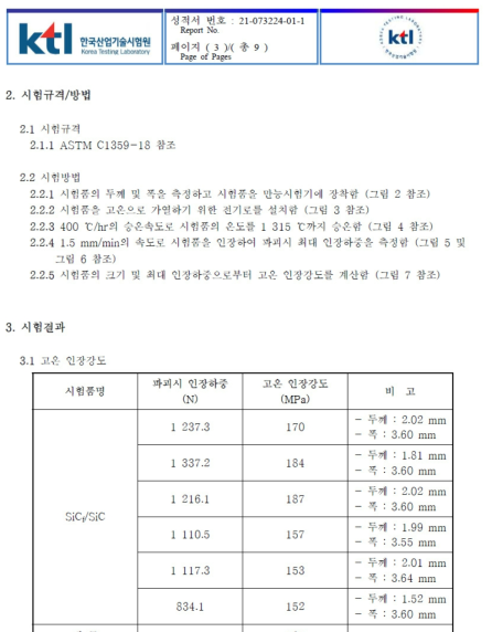 고온 인장강도 측정 결과의 공인시험성적서 계속