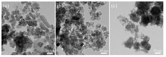 (a) IO-U, (b) IO-CAT 및 (c) PFe-CAT의 TEM 사진