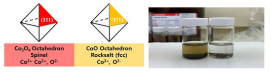 서로 다른 산화상태를 갖는 Octahedron 구조의 코발트 촉매모형과 이를 이용한 하이드로포밀화 반응 후 샘플 사진