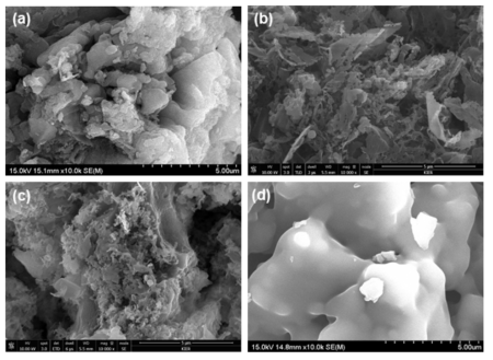 SEM 이미지 (a)Prisitne GCN, (b)Na-GCN-0.1, (c)Na-GCN-0.25 (d)13wt%Na/GCN