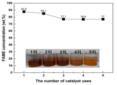 고온 교반 반응기에서 반복 실험에 따른 FAME 농도(OA/(OA+SO) 무게비= 0.6, MeOH/(OA+SO) 몰비: 6+15, 169-SZ+Na/Bentonite 촉매: OA의 20 wt.% + SO의 20 wt.%)