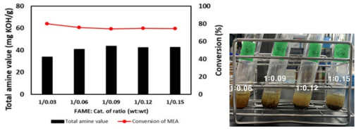 Na/Bentonite 촉매량에 따른 아민가 및 아미드화 전환율 (120 ℃, 1시간, FAME:MEA=1:1(mol:mol), FAME:Cat.=1:x(wt:wt) NaOH:Ben.=1:10(wt:wt))