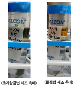 촉매 제조법에 따른 반응 후 생성물 사진