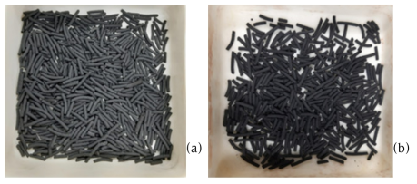 활성탄 함유 169-SZ 펠렛 사진: (a) 300 ℃ 4시간 공기분위기에서 소성, (b) 300 ℃ 4시간 N2 분위기에서 소성